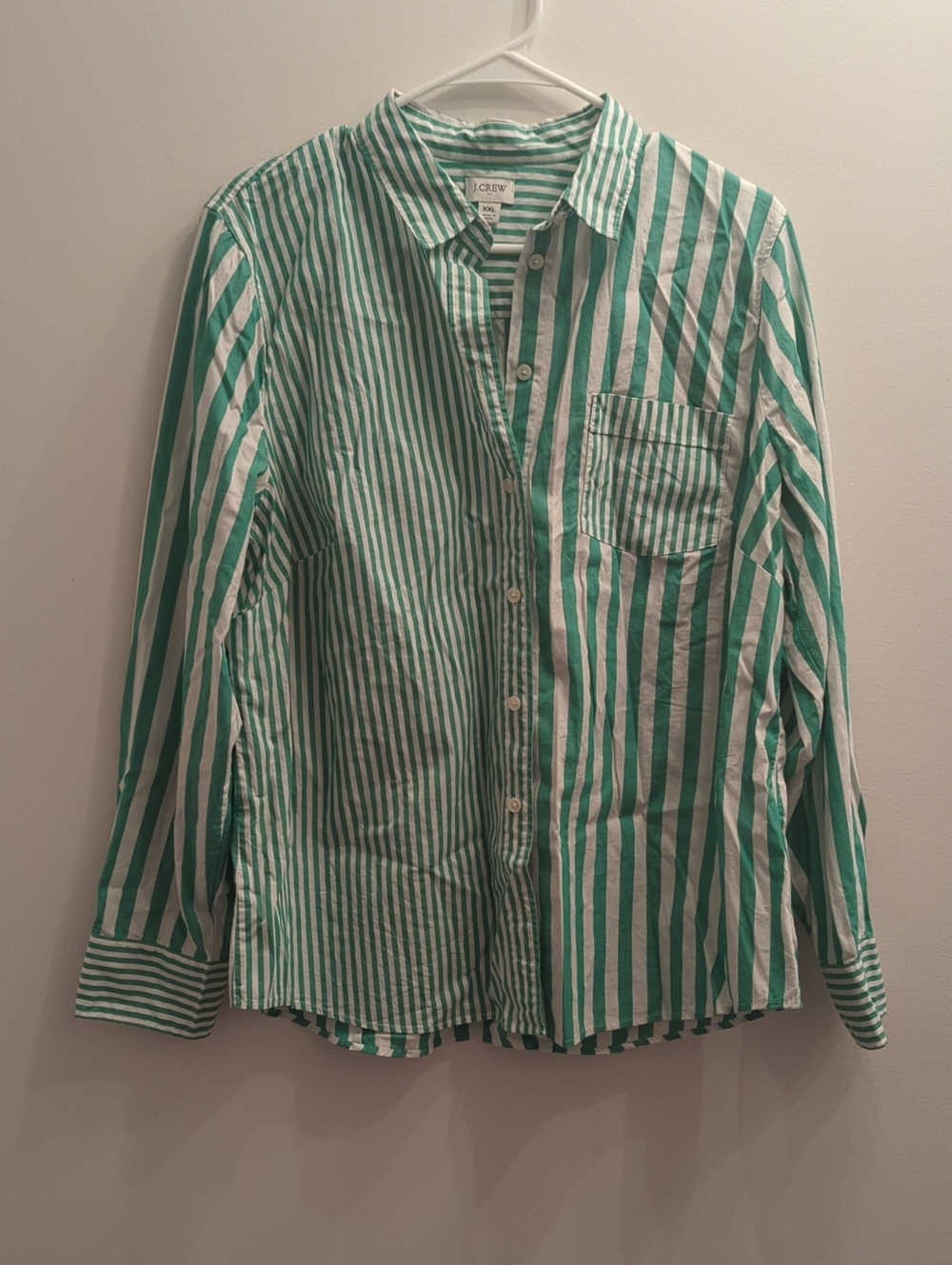 J. Crew Women's Green and White Vertical Stripe Button-Down Shirt, Size XXL